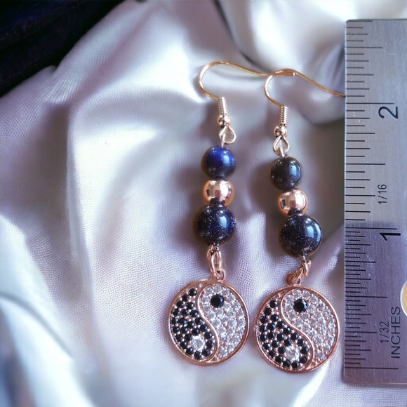 Rose Gold Handcrafted Yin Yang & Goldstone Earrings - Picture 6 of 6